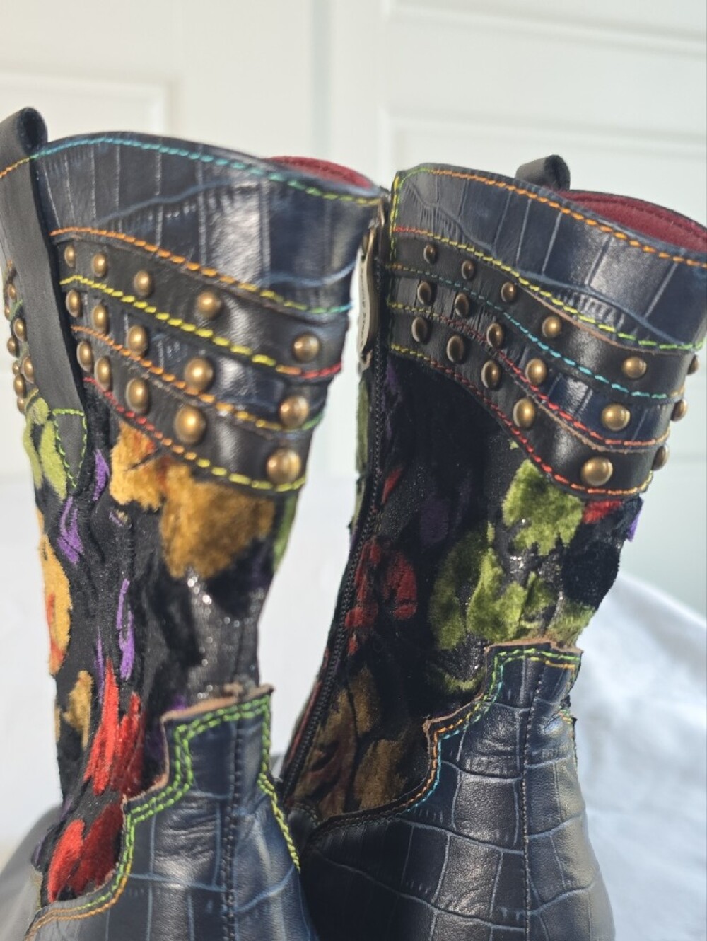 L'Artiste Black Leather Heeled Ankle Boots with Multicolor Flowers Size EU 41 - Picture 11 of 16